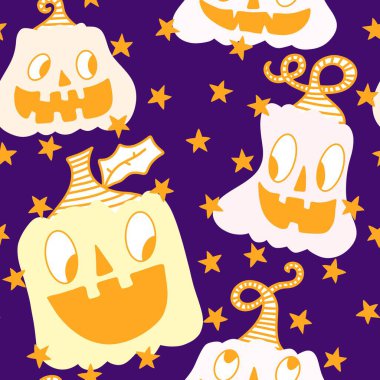 Cadılar Bayramı balkabakları kağıt, kumaş, çarşaf, çocuk giysisi baskısı, şenlik ambalajı ve sonbahar partisi aksesuarları için kusursuz canavar desenleri. Yüksek kaliteli illüstrasyon