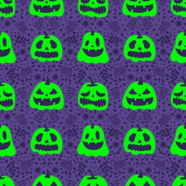 Cadılar Bayramı balkabakları kağıt, kumaş, çarşaf, çocuk giysisi baskısı, şenlik ambalajı ve sonbahar partisi aksesuarları için kusursuz canavar desenleri. Yüksek kaliteli illüstrasyon