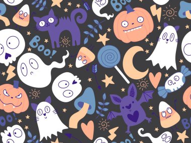 Cadılar Bayramı balkabakları kağıt, kumaş, çarşaf, çocuk giysisi baskısı, şenlik ambalajı ve sonbahar partisi aksesuarları için kusursuz canavar desenleri. Yüksek kaliteli illüstrasyon