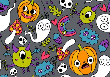 Cadılar Bayramı balkabakları kağıt, kumaş, çarşaf, çocuk giysisi baskısı, şenlik ambalajı ve sonbahar partisi aksesuarları için kusursuz canavar desenleri. Yüksek kaliteli illüstrasyon