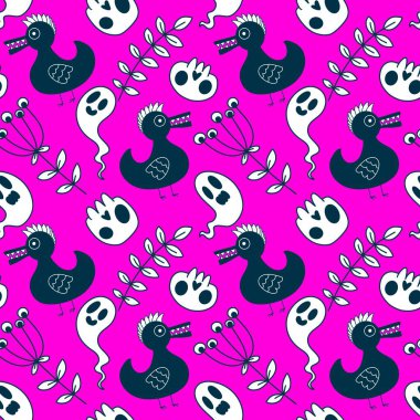 Cadılar Bayramı hayvanlarının kafatası ve ördek desenleri kağıt, kumaş, çarşaf ve çocuk giysileri ve sonbahar partisi aksesuarları için. Yüksek kalite fotoğraf