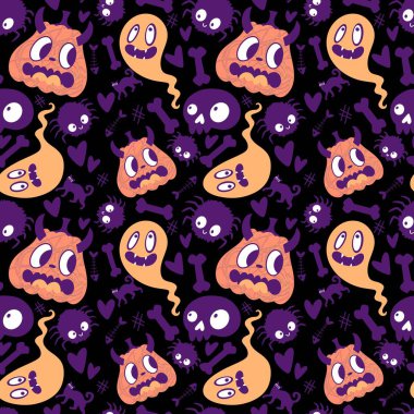 Cadılar Bayramı balkabakları kağıt, kumaş, çarşaf, çocuk giysisi baskısı, şenlik ambalajı ve sonbahar partisi aksesuarları için kusursuz canavar desenleri. Yüksek kaliteli illüstrasyon