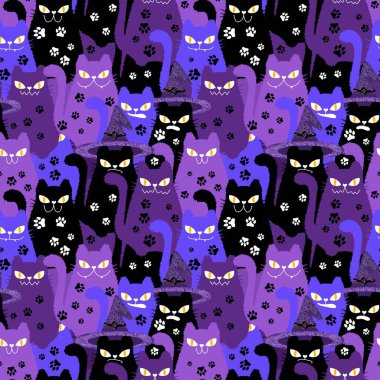 Cadılar Bayramı 'nda kedilerin örtü, kumaş, çarşaf, çocuk giysisi baskısı ve parti aksesuarları için kusursuz cadı desenleri. Yüksek kaliteli illüstrasyon