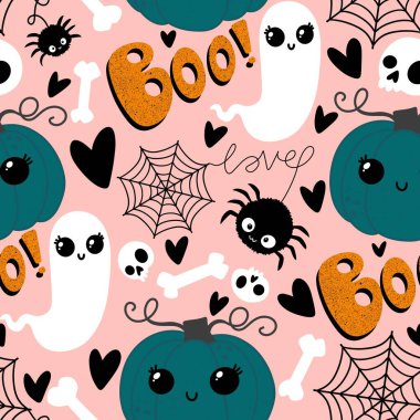 Cadılar Bayramı balkabakları kağıt, kumaş, çarşaf, çocuk giysisi baskısı, şenlik ambalajı ve sonbahar partisi aksesuarları için kusursuz canavar desenleri. Yüksek kaliteli illüstrasyon