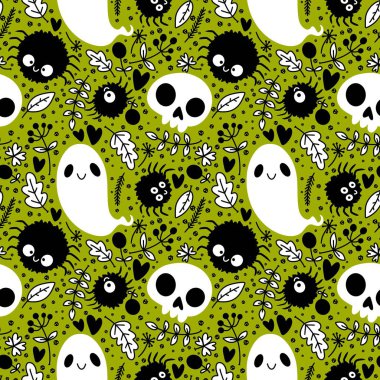 Cadılar Bayramı hayaletleri kağıt, kumaş, çarşaf ve çocuk giysileri baskısı, ambalaj ve şenlikli aksesuarlar için kusursuz çizgi film desenleri. Yüksek kaliteli illüstrasyon