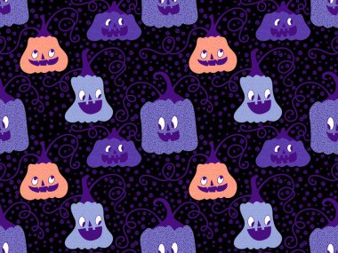 Cadılar Bayramı balkabakları kağıt, kumaş, çarşaf, çocuk giysisi baskısı, şenlik ambalajı ve sonbahar partisi aksesuarları için kusursuz canavar desenleri. Yüksek kaliteli illüstrasyon