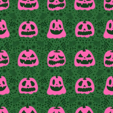 Cadılar Bayramı balkabakları kağıt, kumaş, çarşaf, çocuk giysisi baskısı, şenlik ambalajı ve sonbahar partisi aksesuarları için kusursuz canavar desenleri. Yüksek kaliteli illüstrasyon