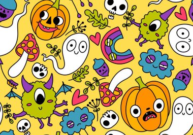 Cadılar Bayramı balkabakları kağıt, kumaş, çarşaf, çocuk giysisi baskısı, şenlik ambalajı ve sonbahar partisi aksesuarları için kusursuz canavar desenleri. Yüksek kaliteli illüstrasyon