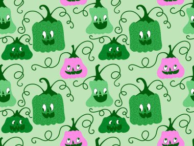 Cadılar Bayramı balkabakları kağıt, kumaş, çarşaf, çocuk giysisi baskısı, şenlik ambalajı ve sonbahar partisi aksesuarları için kusursuz canavar desenleri. Yüksek kaliteli illüstrasyon