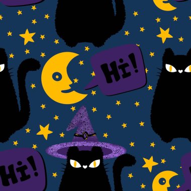 Cadılar Bayramı 'nda kedilerin örtü, kumaş, çarşaf, çocuk giysisi baskısı ve parti aksesuarları için kusursuz cadı desenleri. Yüksek kaliteli illüstrasyon