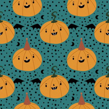 Cadılar Bayramı balkabakları kağıt, kumaş, çarşaf, çocuk giysisi baskısı, şenlik ambalajı ve sonbahar partisi aksesuarları için kusursuz canavar desenleri. Yüksek kaliteli illüstrasyon