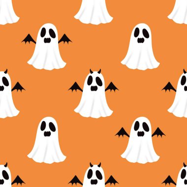 Cadılar Bayramı hayaletleri kağıt, kumaş, çarşaf ve çocuk giysileri baskısı, ambalaj ve şenlikli aksesuarlar için kusursuz çizgi film desenleri. Yüksek kaliteli illüstrasyon