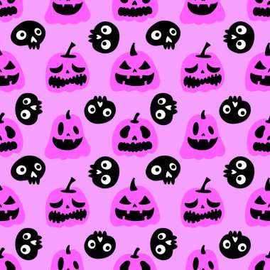 Cadılar Bayramı balkabakları kağıt, kumaş, çarşaf, çocuk giysisi baskısı, şenlik ambalajı ve sonbahar partisi aksesuarları için kusursuz canavar desenleri. Yüksek kaliteli illüstrasyon