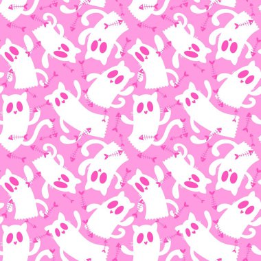 Cadılar Bayramı hayaletleri kağıt, kumaş, çarşaf ve çocuk giysileri baskısı, ambalaj ve şenlikli aksesuarlar için kusursuz çizgi film desenleri. Yüksek kaliteli illüstrasyon