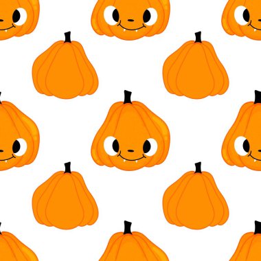 Cadılar Bayramı balkabakları kağıt, kumaş, çarşaf, çocuk giysisi baskısı, şenlik ambalajı ve sonbahar partisi aksesuarları için kusursuz canavar desenleri. Yüksek kaliteli illüstrasyon