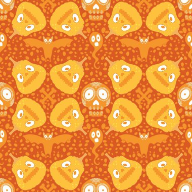 Cadılar Bayramı balkabakları kağıt, kumaş, çarşaf, çocuk giysisi baskısı, şenlik ambalajı ve sonbahar partisi aksesuarları için kusursuz canavar desenleri. Yüksek kaliteli illüstrasyon