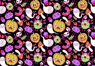 Cadılar Bayramı balkabakları kağıt, kumaş, çarşaf, çocuk giysisi baskısı, şenlik ambalajı ve sonbahar partisi aksesuarları için kusursuz canavar desenleri. Yüksek kaliteli illüstrasyon