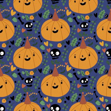 Cadılar Bayramı balkabakları kağıt, kumaş, çarşaf, çocuk giysisi baskısı, şenlik ambalajı ve sonbahar partisi aksesuarları için kusursuz canavar desenleri. Yüksek kaliteli illüstrasyon