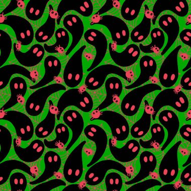 Cadılar Bayramı hayaletleri kağıt, kumaş, çarşaf ve çocuk giysileri baskısı, ambalaj ve şenlikli aksesuarlar için kusursuz çizgi film desenleri. Yüksek kaliteli illüstrasyon