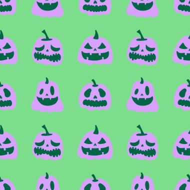 Cadılar Bayramı balkabakları kağıt, kumaş, çarşaf, çocuk giysisi baskısı, şenlik ambalajı ve sonbahar partisi aksesuarları için kusursuz canavar desenleri. Yüksek kaliteli illüstrasyon