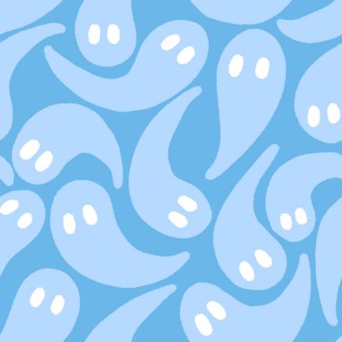 Cadılar Bayramı hayaletleri kağıt, kumaş, çarşaf ve çocuk giysileri baskısı, ambalaj ve şenlikli aksesuarlar için kusursuz çizgi film desenleri. Yüksek kaliteli illüstrasyon