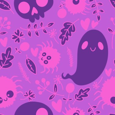 Cadılar Bayramı hayaletleri kağıt, kumaş, çarşaf ve çocuk giysileri baskısı, ambalaj ve şenlikli aksesuarlar için kusursuz çizgi film desenleri. Yüksek kaliteli illüstrasyon