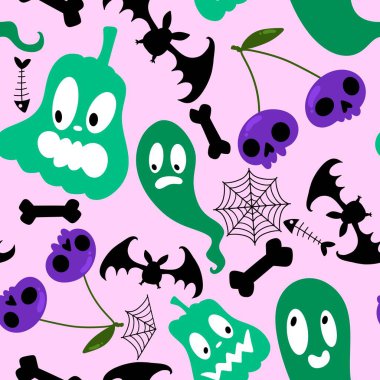 Cadılar Bayramı balkabakları kağıt, kumaş, çarşaf, çocuk giysisi baskısı, şenlik ambalajı ve sonbahar partisi aksesuarları için kusursuz canavar desenleri. Yüksek kaliteli illüstrasyon