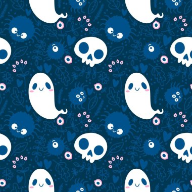 Cadılar Bayramı hayaletleri kağıt, kumaş, çarşaf ve çocuk giysileri baskısı, ambalaj ve şenlikli aksesuarlar için kusursuz çizgi film desenleri. Yüksek kaliteli illüstrasyon