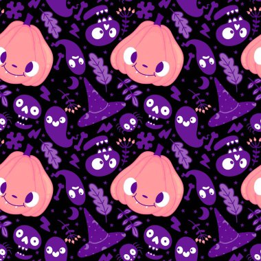 Cadılar Bayramı balkabakları kağıt, kumaş, çarşaf, çocuk giysisi baskısı, şenlik ambalajı ve sonbahar partisi aksesuarları için kusursuz canavar desenleri. Yüksek kaliteli illüstrasyon