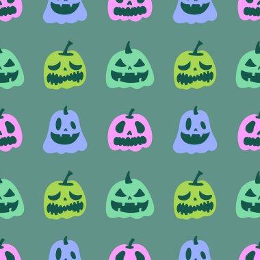 Cadılar Bayramı balkabakları kağıt, kumaş, çarşaf, çocuk giysisi baskısı, şenlik ambalajı ve sonbahar partisi aksesuarları için kusursuz canavar desenleri. Yüksek kaliteli illüstrasyon