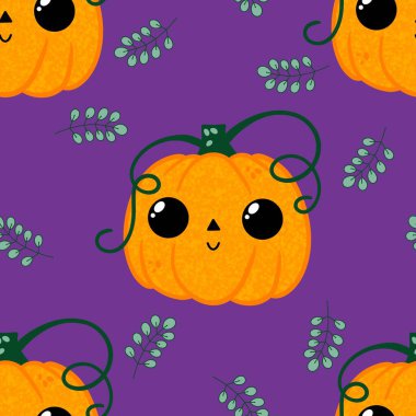 Cadılar Bayramı balkabakları kağıt, kumaş, çarşaf, çocuk giysisi baskısı, şenlik ambalajı ve sonbahar partisi aksesuarları için kusursuz canavar desenleri. Yüksek kaliteli illüstrasyon