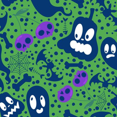 Cadılar Bayramı balkabakları kağıt, kumaş, çarşaf, çocuk giysisi baskısı, şenlik ambalajı ve sonbahar partisi aksesuarları için kusursuz canavar desenleri. Yüksek kaliteli illüstrasyon