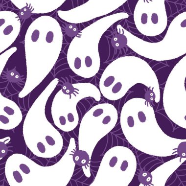 Cadılar Bayramı hayaletleri kağıt, kumaş, çarşaf ve çocuk giysileri baskısı, ambalaj ve şenlikli aksesuarlar için kusursuz çizgi film desenleri. Yüksek kaliteli illüstrasyon