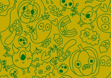 Cadılar Bayramı balkabakları kağıt, kumaş, çarşaf, çocuk giysisi baskısı, şenlik ambalajı ve sonbahar partisi aksesuarları için kusursuz canavar desenleri. Yüksek kaliteli illüstrasyon