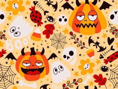 Cadılar Bayramı balkabakları kağıt, kumaş, çarşaf, çocuk giysisi baskısı, şenlik ambalajı ve sonbahar partisi aksesuarları için kusursuz canavar desenleri. Yüksek kaliteli illüstrasyon