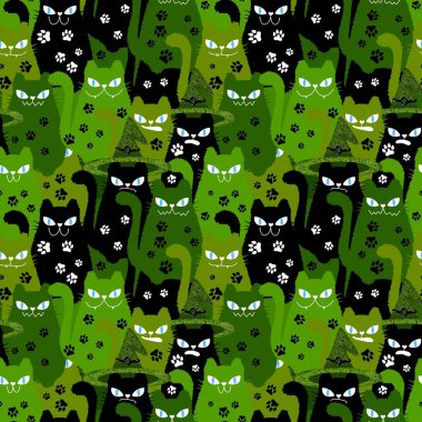 Cadılar Bayramı 'nda kedilerin örtü, kumaş, çarşaf, çocuk giysisi baskısı ve parti aksesuarları için kusursuz cadı desenleri. Yüksek kaliteli illüstrasyon