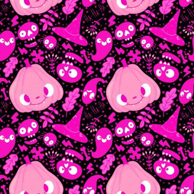 Cadılar Bayramı balkabakları kağıt, kumaş, çarşaf, çocuk giysisi baskısı, şenlik ambalajı ve sonbahar partisi aksesuarları için kusursuz canavar desenleri. Yüksek kaliteli illüstrasyon