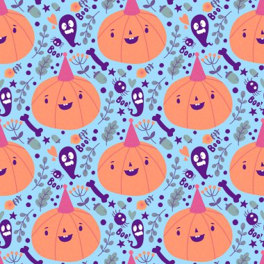 Cadılar Bayramı balkabakları kağıt, kumaş, çarşaf, çocuk giysisi baskısı, şenlik ambalajı ve sonbahar partisi aksesuarları için kusursuz canavar desenleri. Yüksek kaliteli illüstrasyon