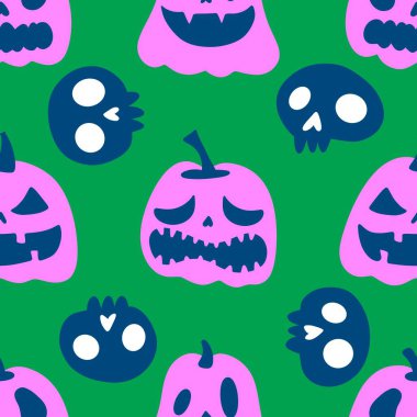 Cadılar Bayramı balkabakları kağıt, kumaş, çarşaf, çocuk giysisi baskısı, şenlik ambalajı ve sonbahar partisi aksesuarları için kusursuz canavar desenleri. Yüksek kaliteli illüstrasyon