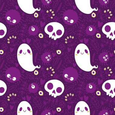 Cadılar Bayramı hayaletleri kağıt, kumaş, çarşaf ve çocuk giysileri baskısı, ambalaj ve şenlikli aksesuarlar için kusursuz çizgi film desenleri. Yüksek kaliteli illüstrasyon