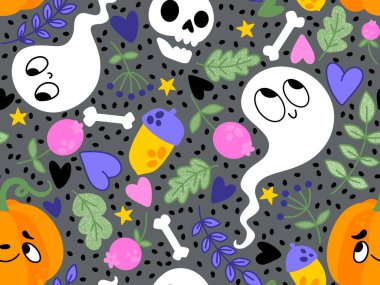 Cadılar Bayramı balkabakları kağıt, kumaş, çarşaf, çocuk giysisi baskısı, şenlik ambalajı ve sonbahar partisi aksesuarları için kusursuz canavar desenleri. Yüksek kaliteli illüstrasyon