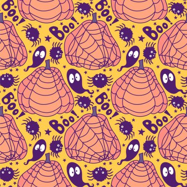 Cadılar Bayramı balkabakları kağıt, kumaş, çarşaf, çocuk giysisi baskısı, şenlik ambalajı ve sonbahar partisi aksesuarları için kusursuz canavar desenleri. Yüksek kaliteli illüstrasyon