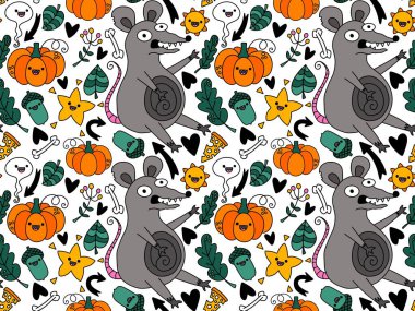 Cadılar Bayramı hayvanları, kağıt, kumaş, çarşaf ve çocuk giysileri baskısı ve sonbahar partisi aksesuarları için kusursuz fare ve balkabağı desenleri. Yüksek kalite fotoğraf