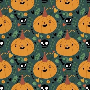 Cadılar Bayramı balkabakları kağıt, kumaş, çarşaf, çocuk giysisi baskısı, şenlik ambalajı ve sonbahar partisi aksesuarları için kusursuz canavar desenleri. Yüksek kaliteli illüstrasyon