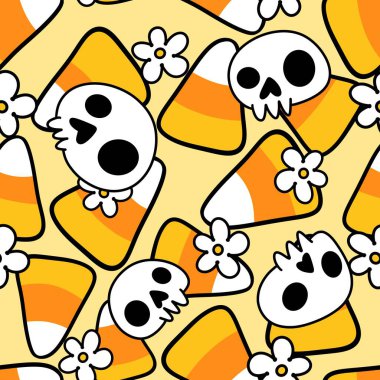 Çizgi film cadılar bayramı şeker canavarları kağıt, kumaş, çarşaf ve çocuk giysileri baskısı ve parti aksesuarları ve paketleme için kusursuz şekerleme kalıpları. Yüksek kaliteli illüstrasyon