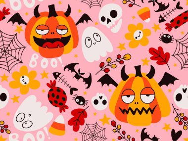 Cadılar Bayramı balkabakları kağıt, kumaş, çarşaf, çocuk giysisi baskısı, şenlik ambalajı ve sonbahar partisi aksesuarları için kusursuz canavar desenleri. Yüksek kaliteli illüstrasyon