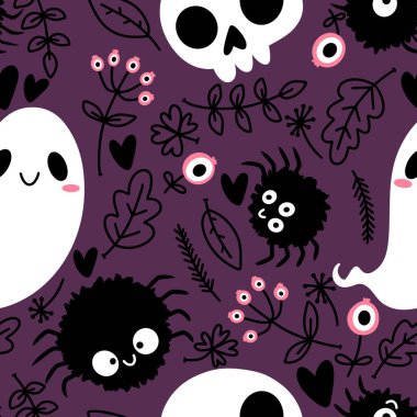 Cadılar Bayramı hayaletleri kağıt, kumaş, çarşaf ve çocuk giysileri baskısı, ambalaj ve şenlikli aksesuarlar için kusursuz çizgi film desenleri. Yüksek kaliteli illüstrasyon