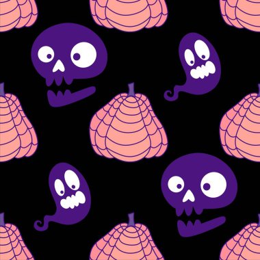 Cadılar Bayramı balkabakları kağıt, kumaş, çarşaf, çocuk giysisi baskısı, şenlik ambalajı ve sonbahar partisi aksesuarları için kusursuz canavar desenleri. Yüksek kaliteli illüstrasyon