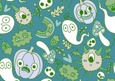 Cadılar Bayramı balkabakları kağıt, kumaş, çarşaf, çocuk giysisi baskısı, şenlik ambalajı ve sonbahar partisi aksesuarları için kusursuz canavar desenleri. Yüksek kaliteli illüstrasyon