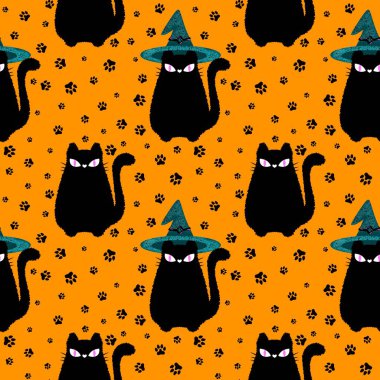 Cadılar Bayramı 'nda kedilerin örtü, kumaş, çarşaf, çocuk giysisi baskısı ve parti aksesuarları için kusursuz cadı desenleri. Yüksek kaliteli illüstrasyon